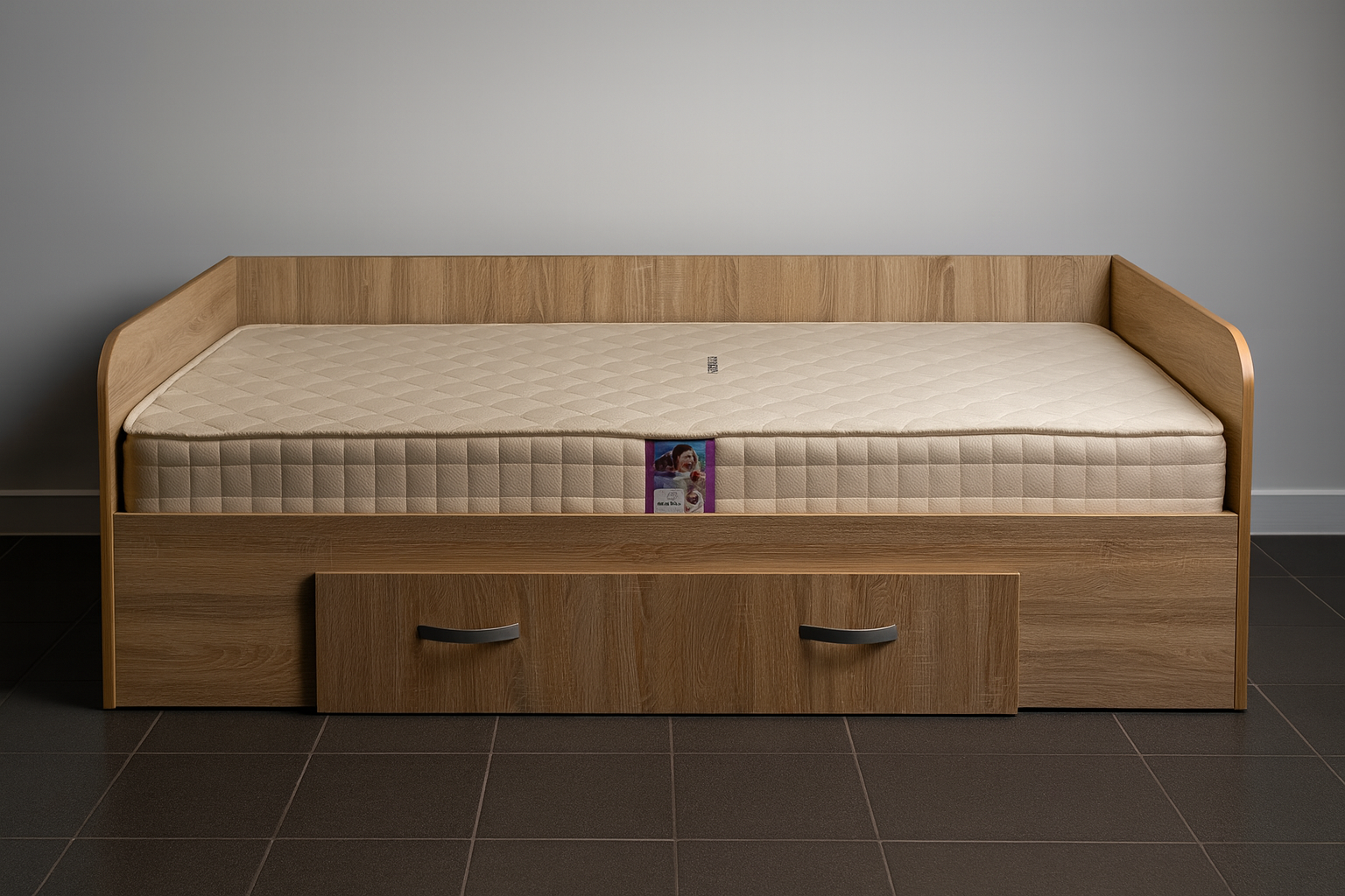 Pat o persoană cu sertar mare pe roți, modern, din lemn și PAL, culoare personalizabilă, disponibil în Oradea, livrat gata montat.